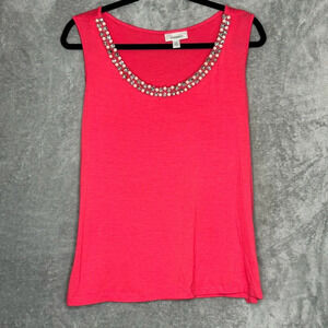 Dressbarn XL Shirt Top Coral Pink Solid Sleeveless Scoop Neck Beaded Stretch
